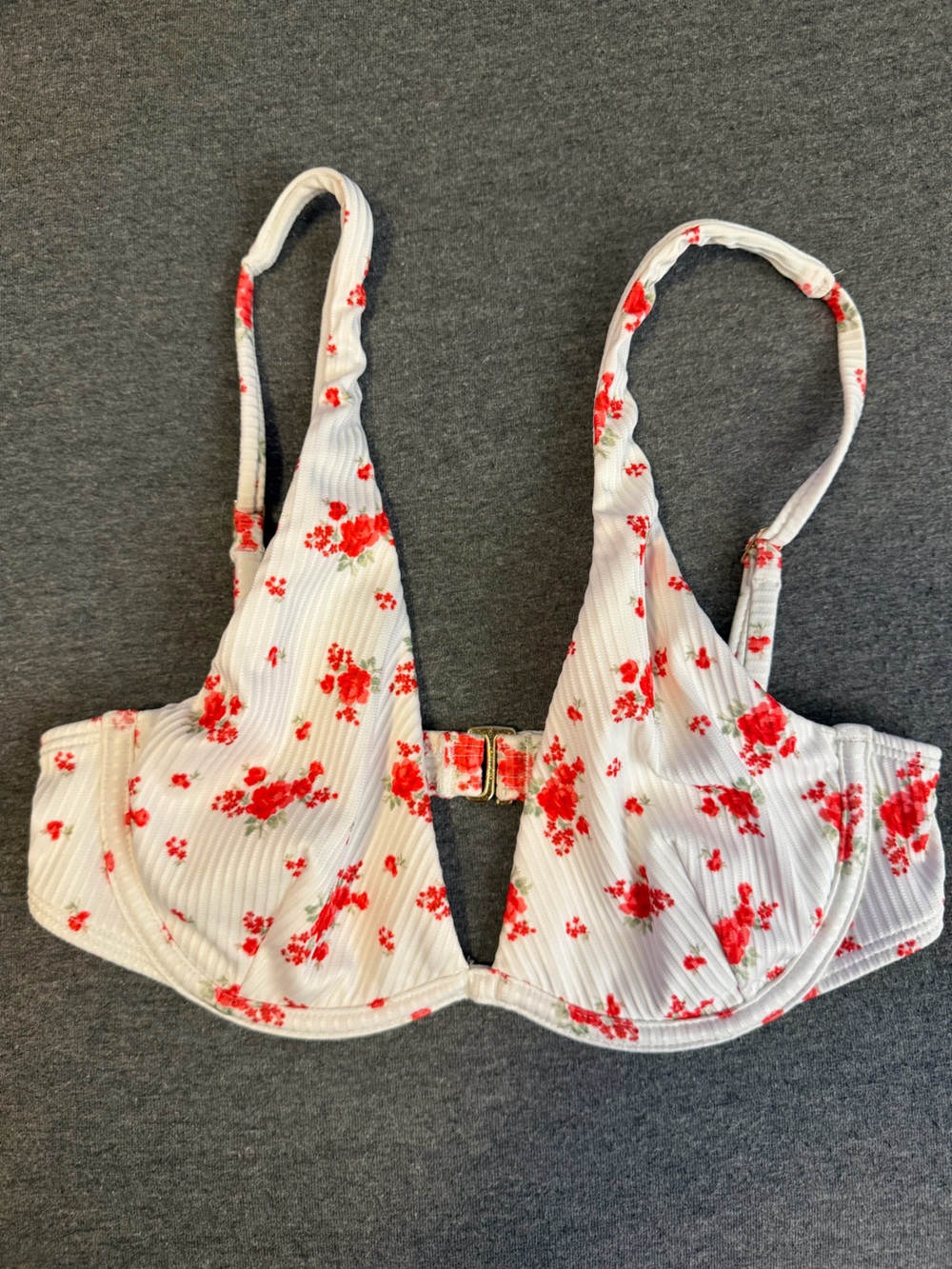 Hollister White Ribbed Underwire Bikini Top with Red Floral Print